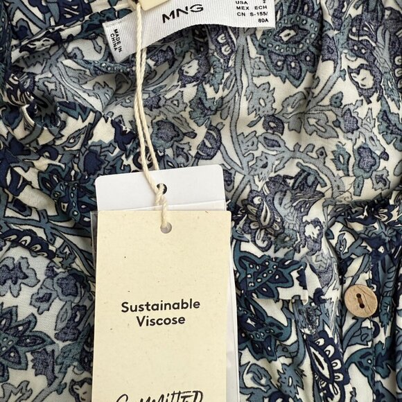 Mango Floral Paisley Print Button Up Tiered Maxi Dress Women's 2 Blue White NWT - Picture 12 of 16